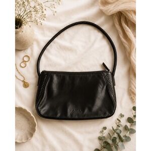 Via Spiga Dark Brown Leather Baguette Shoulder Bag Whipstitch Braided Strap